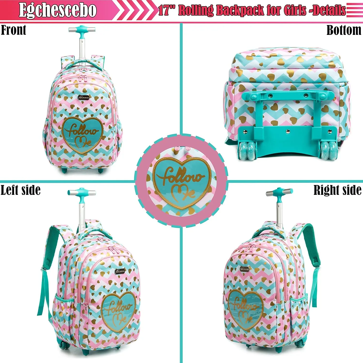 Egchescebo School Bags Kids Rolling Backpack for Girls Kids Luggage Suitcase With Wheels