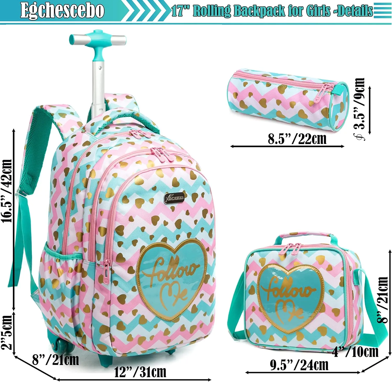 Egchescebo School Bags Kids Rolling Backpack for Girls Kids Luggage Suitcase With Wheels