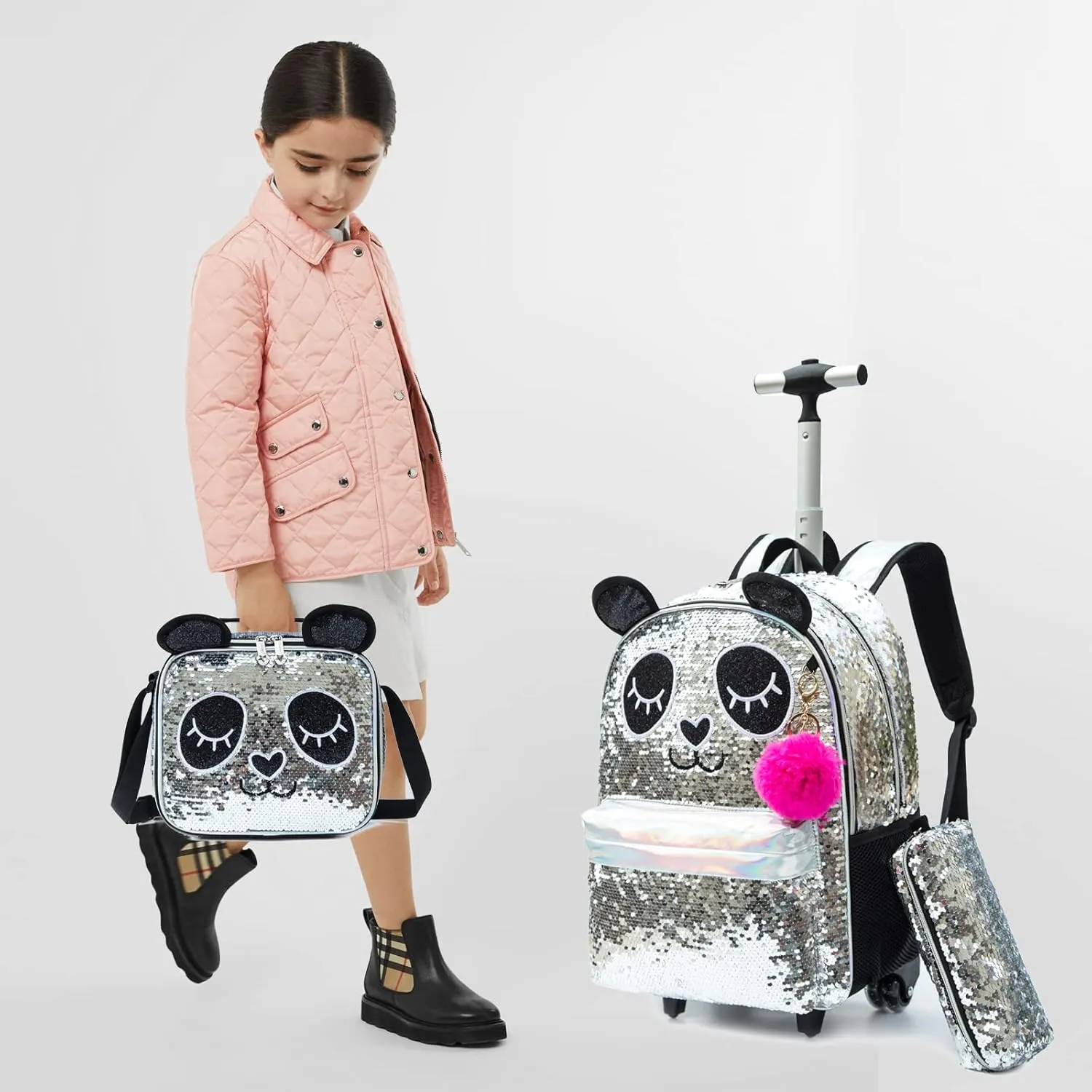 Egchescebo School Kids Rolling Backpack for Girls 3PCS With Trolley Wheeled Backpacks