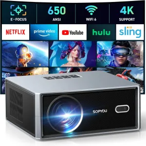 [Electric Focus/Auto Keystone] Projector with WiFi and Bluetooth, 650 ANSI Native 1080P 4K Support Outdoor Movie Projectors Max 450" Display, SOPYOU Home Theater Projector for iOS/Android/TV Stick
