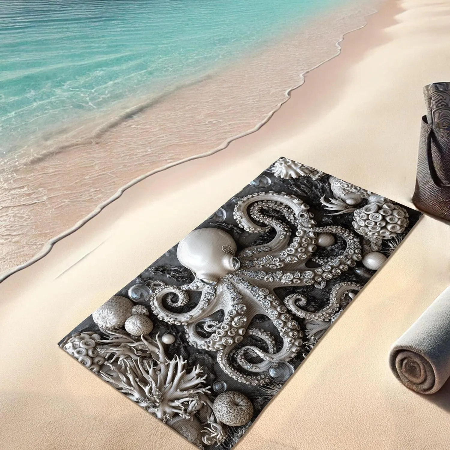 Elegant Octopus Microfiber Beach Towel Grey Ocean Creatures Sand Free Lightweight Quick Dry Absorbent Pool Gym Blanket, Vacation Picnic Essentials 62x31 Inch