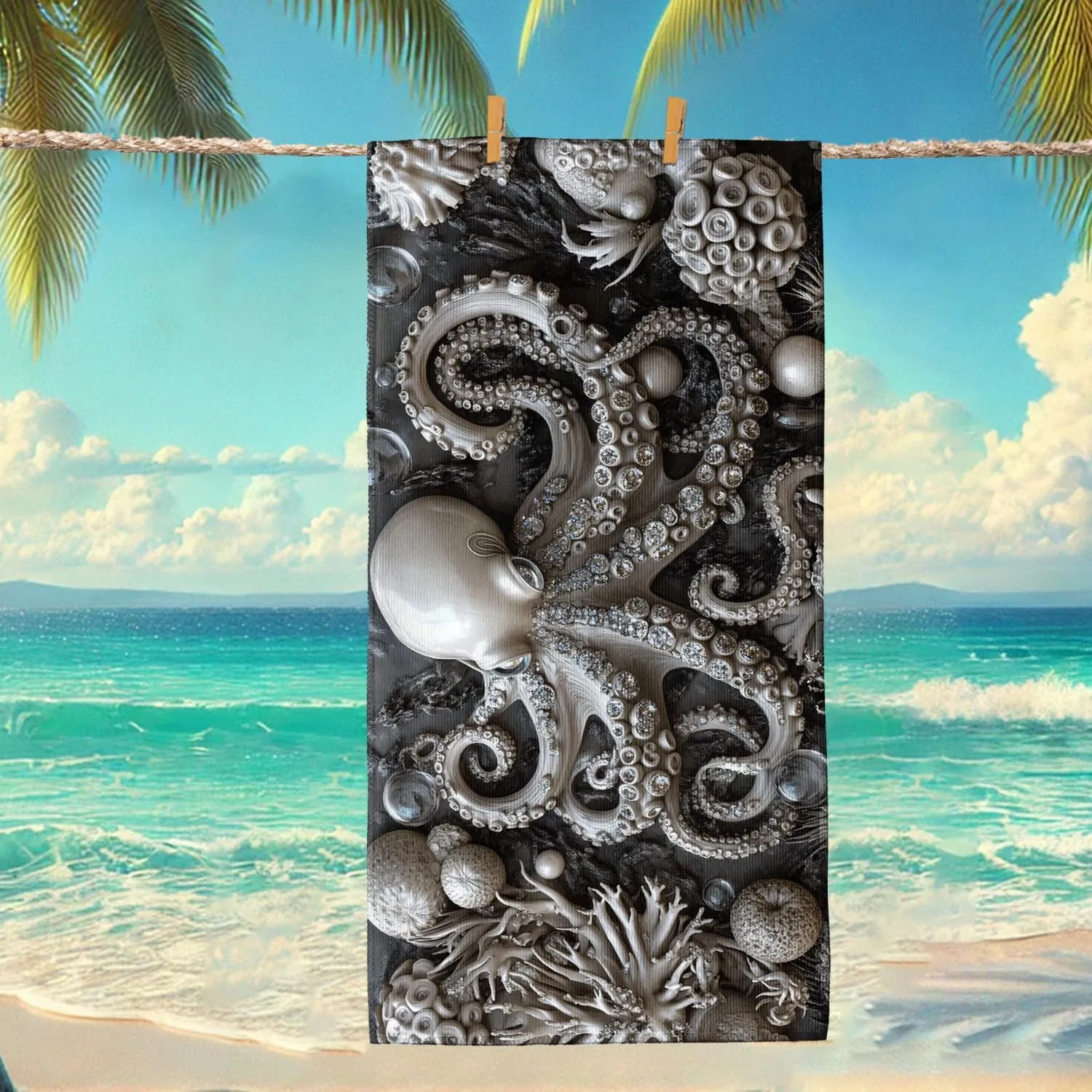 Elegant Octopus Microfiber Beach Towel Grey Ocean Creatures Sand Free Lightweight Quick Dry Absorbent Pool Gym Blanket, Vacation Picnic Essentials 62x31 Inch