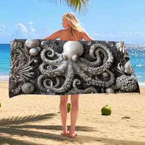 Elegant Octopus Microfiber Beach Towel Grey Ocean Creatures Sand Free Lightweight Quick Dry Absorbent Pool Gym Blanket, Vacation Picnic Essentials 62x31 Inch