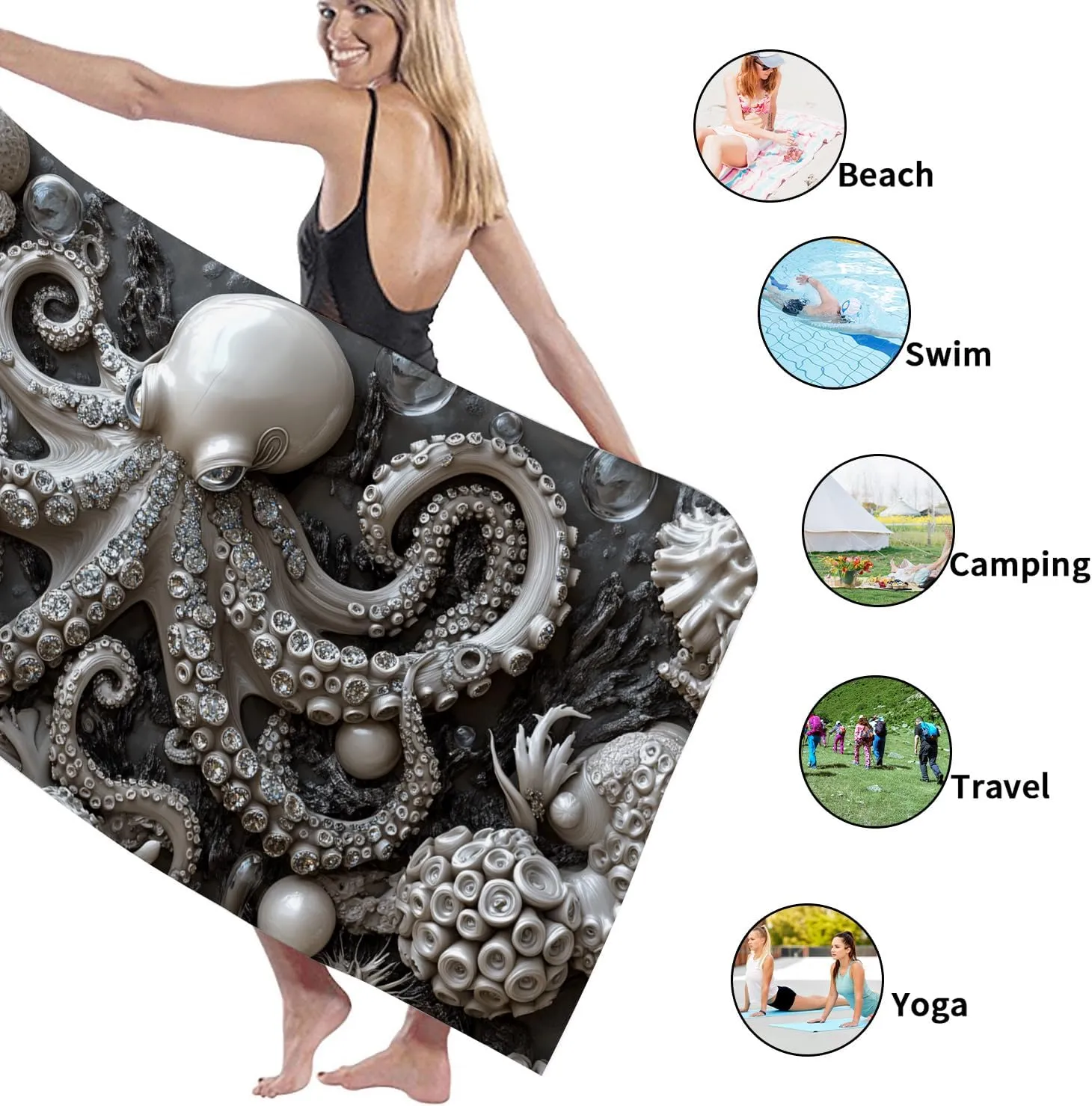 Elegant Octopus Microfiber Beach Towel Grey Ocean Creatures Sand Free Lightweight Quick Dry Absorbent Pool Gym Blanket, Vacation Picnic Essentials 62x31 Inch