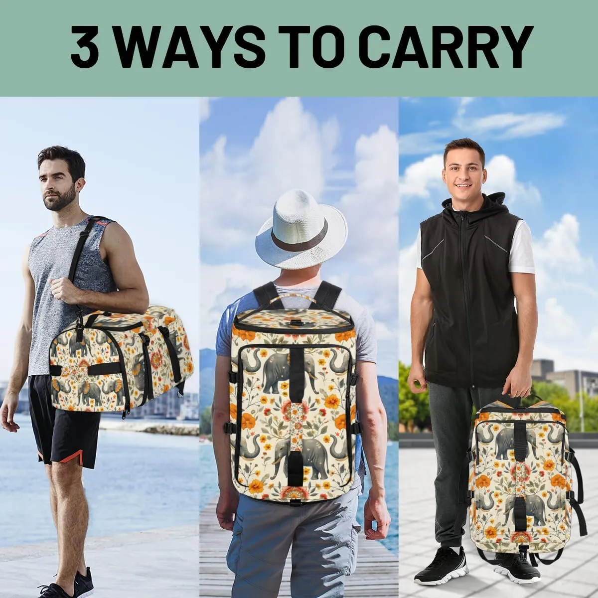 Elephant Travel Backpack Carry On Flight Approved for Women Men, 18.9 Inch Large Watercolor Elephant Flower Airline Approved Luggage Weekender Backpacks