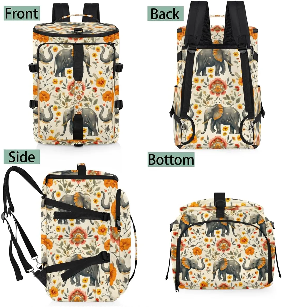 Elephant Travel Backpack Carry On Flight Approved for Women Men, 18.9 Inch Large Watercolor Elephant Flower Airline Approved Luggage Weekender Backpacks