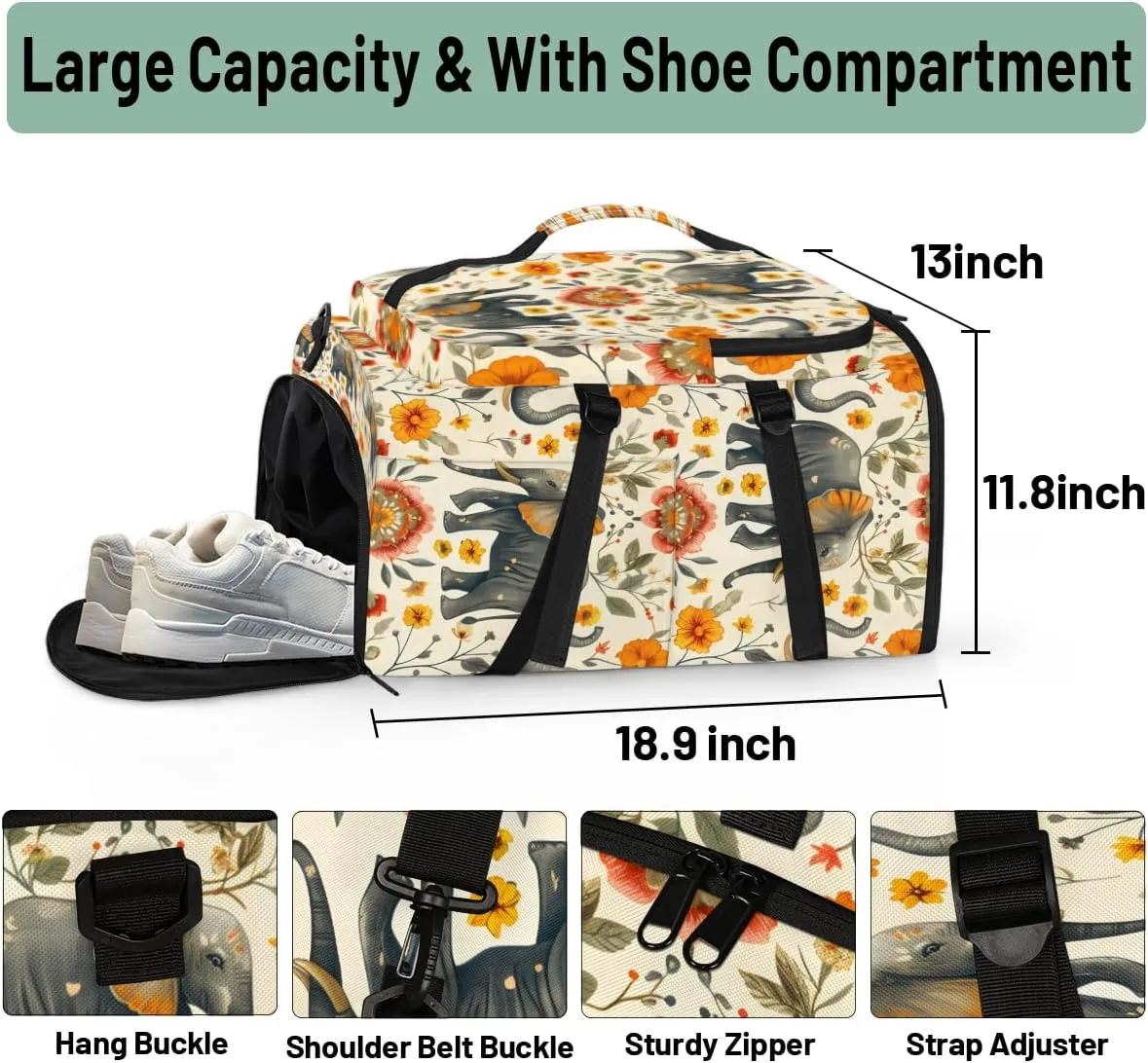 Elephant Travel Backpack Carry On Flight Approved for Women Men, 18.9 Inch Large Watercolor Elephant Flower Airline Approved Luggage Weekender Backpacks