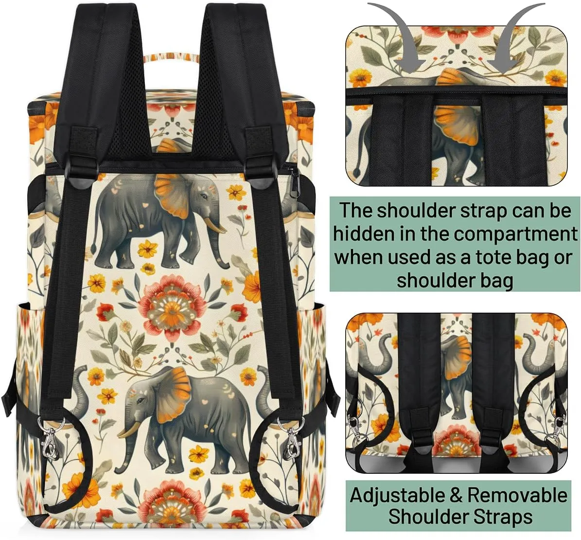 Elephant Travel Backpack Carry On Flight Approved for Women Men, 18.9 Inch Large Watercolor Elephant Flower Airline Approved Luggage Weekender Backpacks