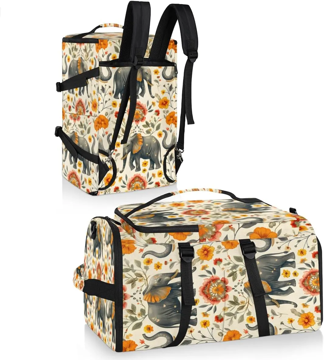 Elephant Travel Backpack Carry On Flight Approved for Women Men, 18.9 Inch Large Watercolor Elephant Flower Airline Approved Luggage Weekender Backpacks