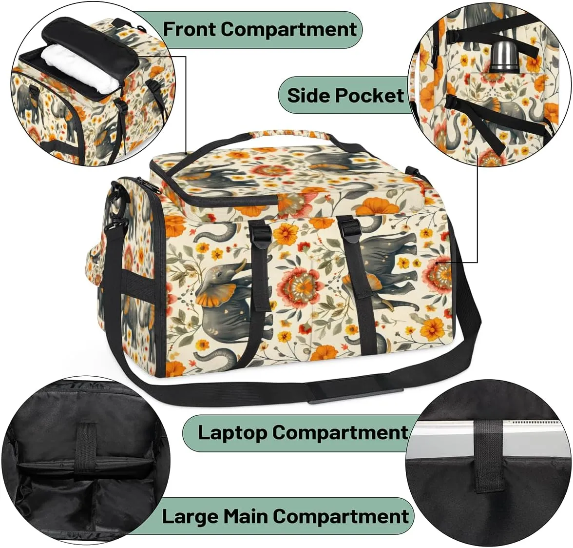 Elephant Travel Backpack Carry On Flight Approved for Women Men, 18.9 Inch Large Watercolor Elephant Flower Airline Approved Luggage Weekender Backpacks