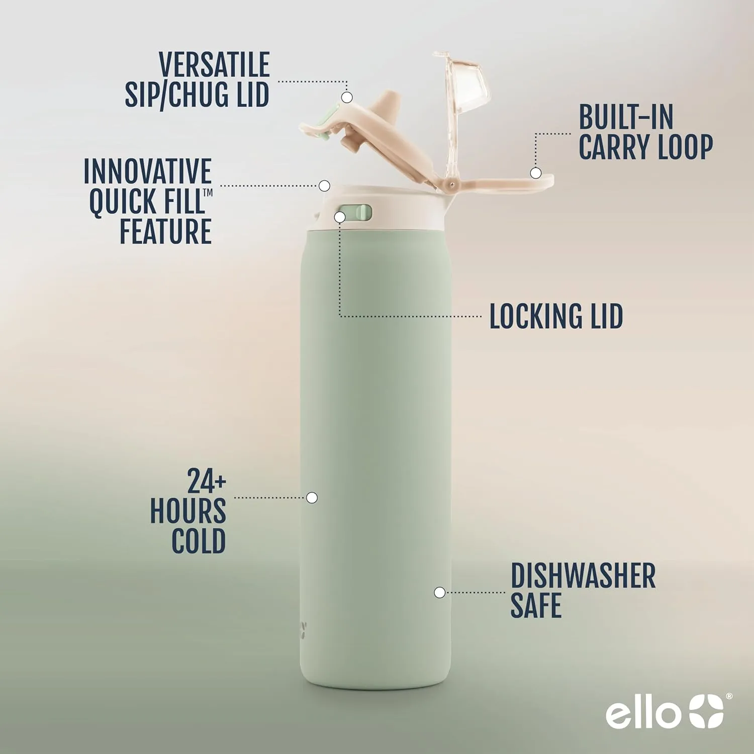 Ello Pop & Fill Stainless Steel Water Bottle with Quick Fill Technology, Double Walled Vacuum Insulated Metal, Leak Proof Locking Lid, Sip & Chug, BPA Free, Holiday Gift for Him Her, 22oz, 32oz, 40oz