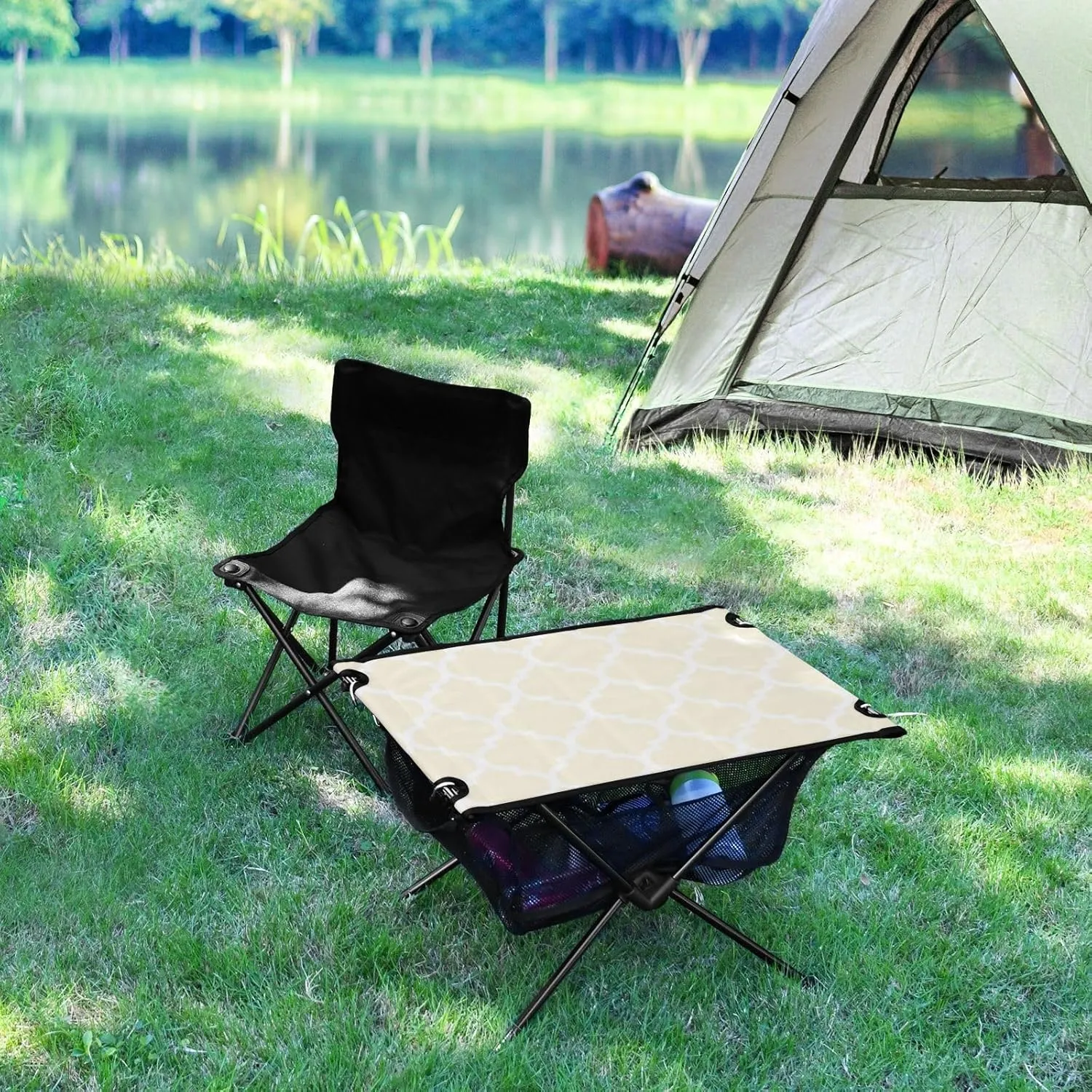 Emelivor Beige Geometric Morocco Folding Camping Table Portable Beach Table with Carry Bag Small Craft Table for Camping Picnic Garden Fishing Hiking
