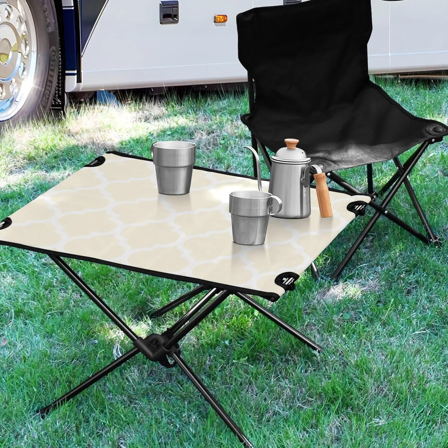 Emelivor Beige Geometric Morocco Folding Camping Table Portable Beach Table with Carry Bag Small Craft Table for Camping Picnic Garden Fishing Hiking