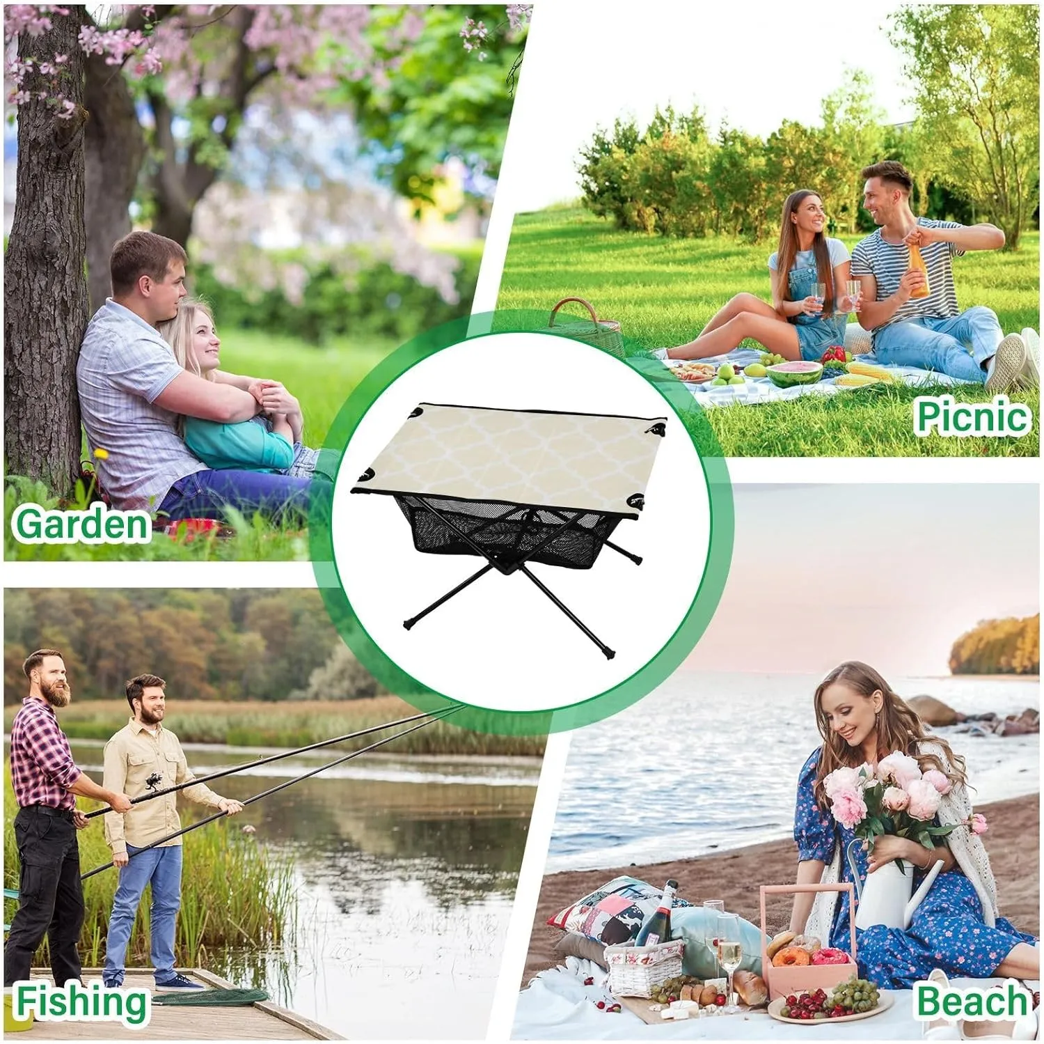 Emelivor Beige Geometric Morocco Folding Camping Table Portable Beach Table with Carry Bag Small Craft Table for Camping Picnic Garden Fishing Hiking