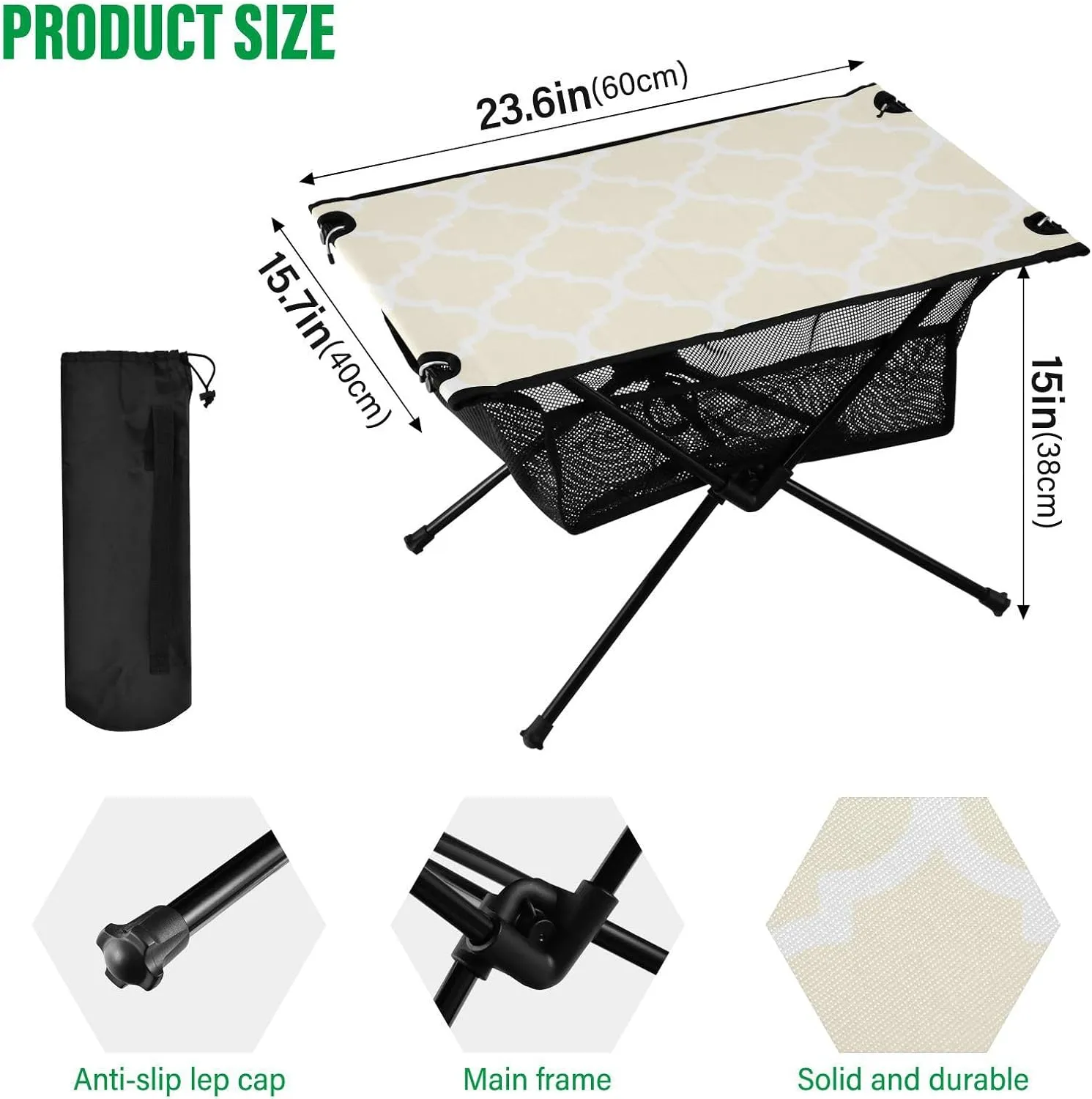 Emelivor Beige Geometric Morocco Folding Camping Table Portable Beach Table with Carry Bag Small Craft Table for Camping Picnic Garden Fishing Hiking