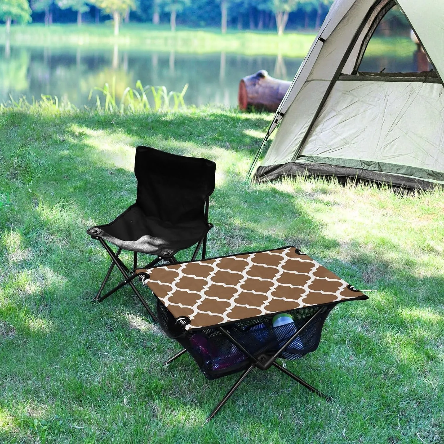 Emelivor Husk Brown Geometric Morocco Folding Camping Table Portable Beach Table with Carry Bag Small Craft Table for Outdoor Picnic Camping Travel Fishing