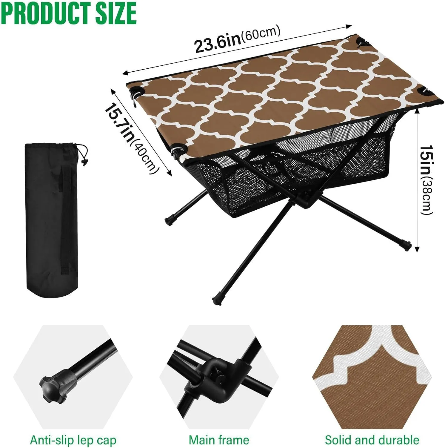 Emelivor Husk Brown Geometric Morocco Folding Camping Table Portable Beach Table with Carry Bag Small Craft Table for Outdoor Picnic Camping Travel Fishing