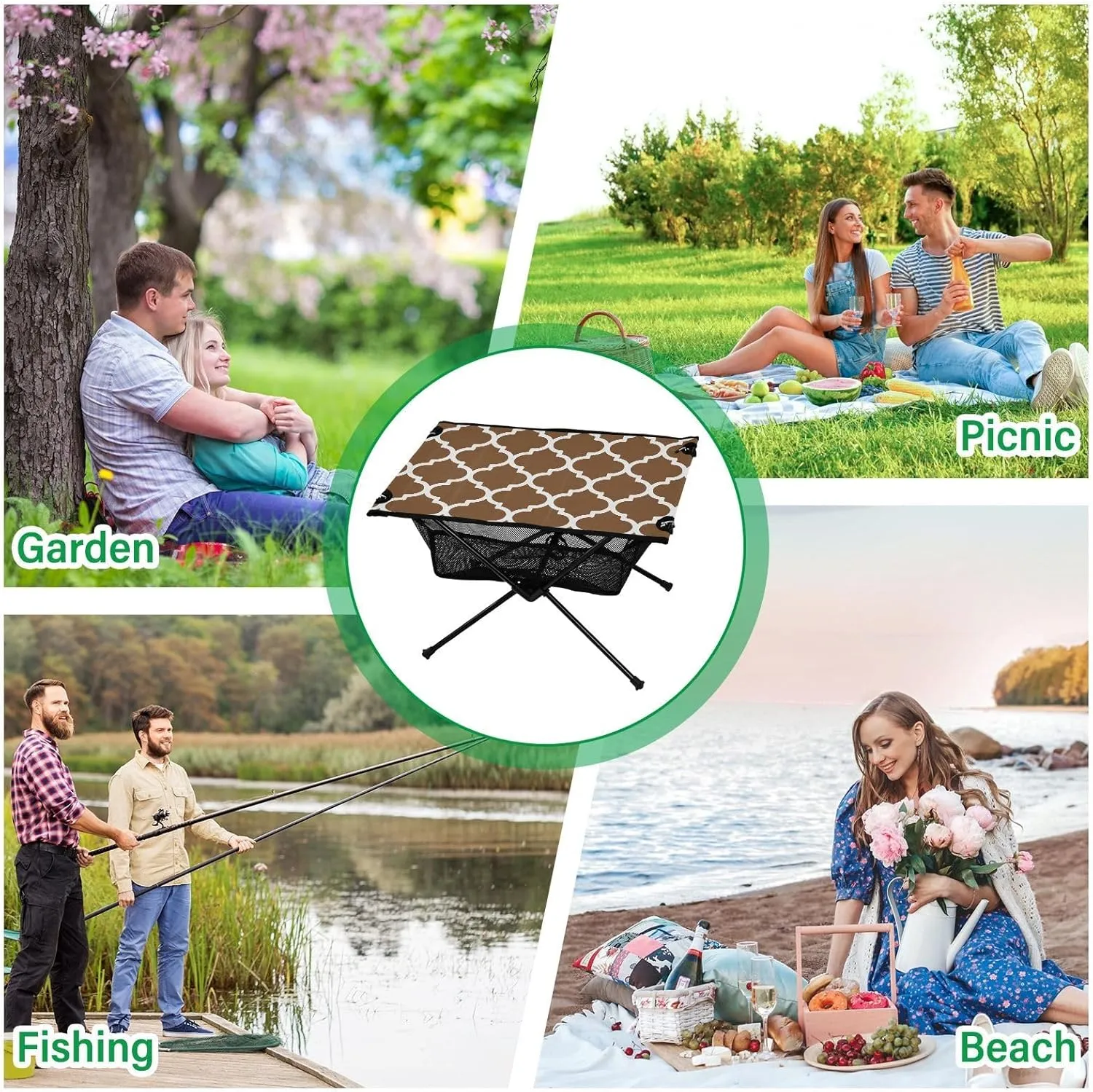 Emelivor Husk Brown Geometric Morocco Folding Camping Table Portable Beach Table with Carry Bag Small Craft Table for Outdoor Picnic Camping Travel Fishing