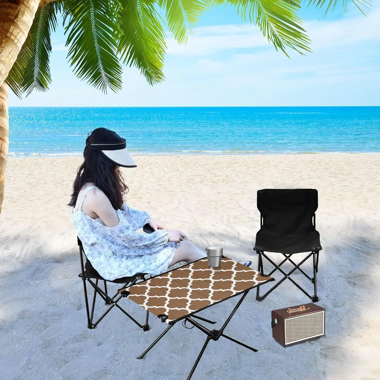 Emelivor Husk Brown Geometric Morocco Folding Camping Table Portable Beach Table with Carry Bag Small Craft Table for Outdoor Picnic Camping Travel Fishing