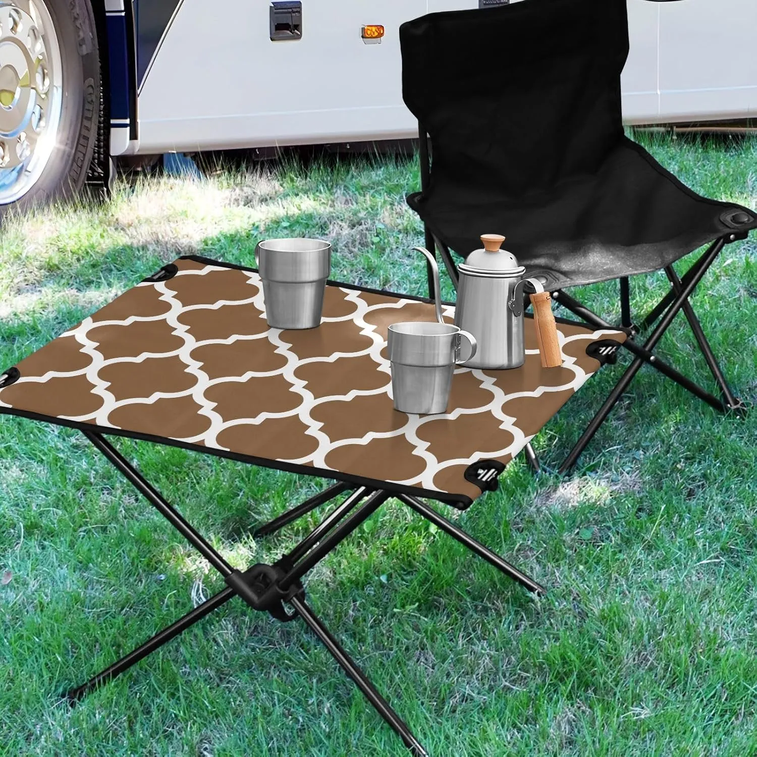 Emelivor Husk Brown Geometric Morocco Folding Camping Table Portable Beach Table with Carry Bag Small Craft Table for Outdoor Picnic Camping Travel Fishing