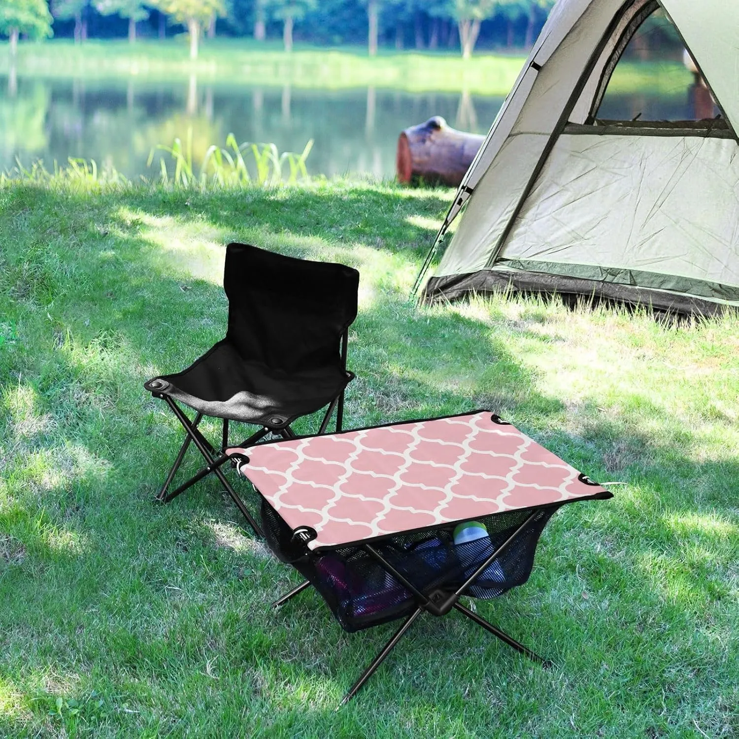Emelivor Ticklend Pink Geometric Morocco Folding Camping Table Portable Beach Table with Carry Bag Small Craft Table for Camping Fishing Picnic Garden Outdoor
