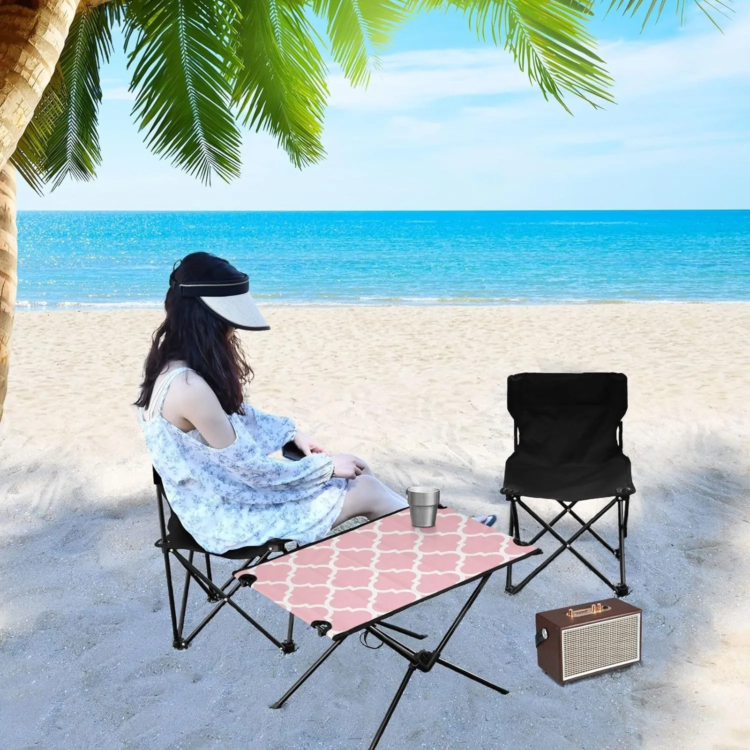 Emelivor Ticklend Pink Geometric Morocco Folding Camping Table Portable Beach Table with Carry Bag Small Craft Table for Camping Fishing Picnic Garden Outdoor