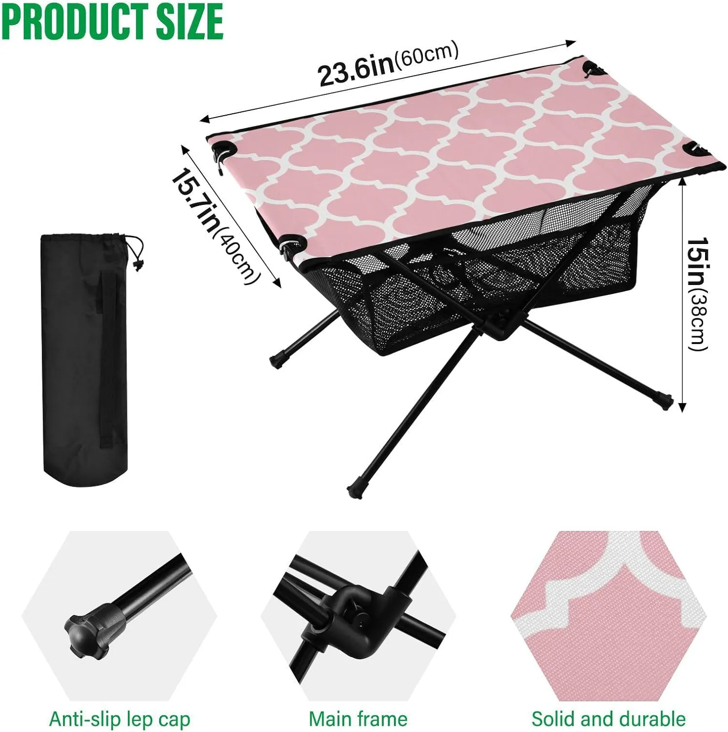 Emelivor Ticklend Pink Geometric Morocco Folding Camping Table Portable Beach Table with Carry Bag Small Craft Table for Camping Fishing Picnic Garden Outdoor