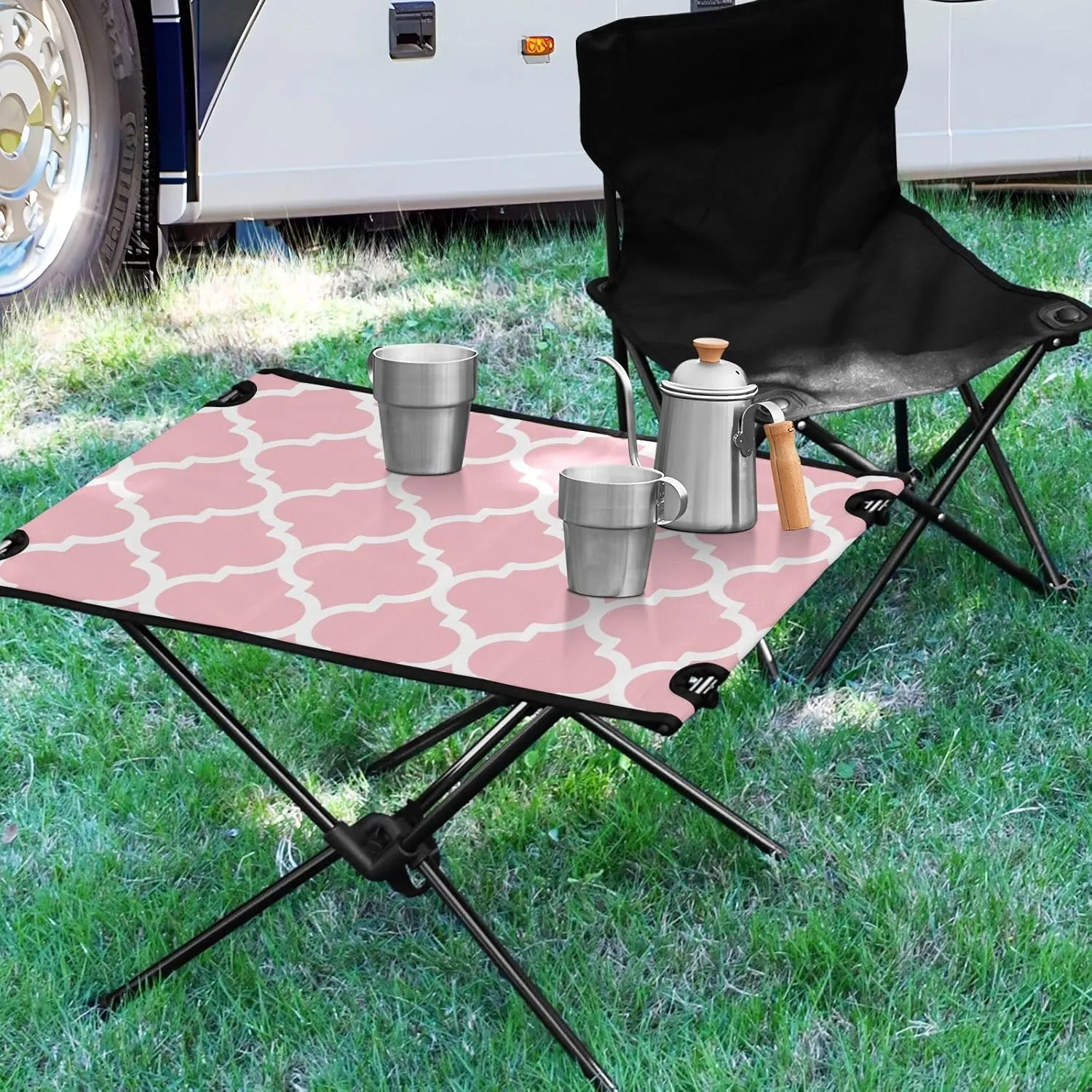 Emelivor Ticklend Pink Geometric Morocco Folding Camping Table Portable Beach Table with Carry Bag Small Craft Table for Camping Fishing Picnic Garden Outdoor
