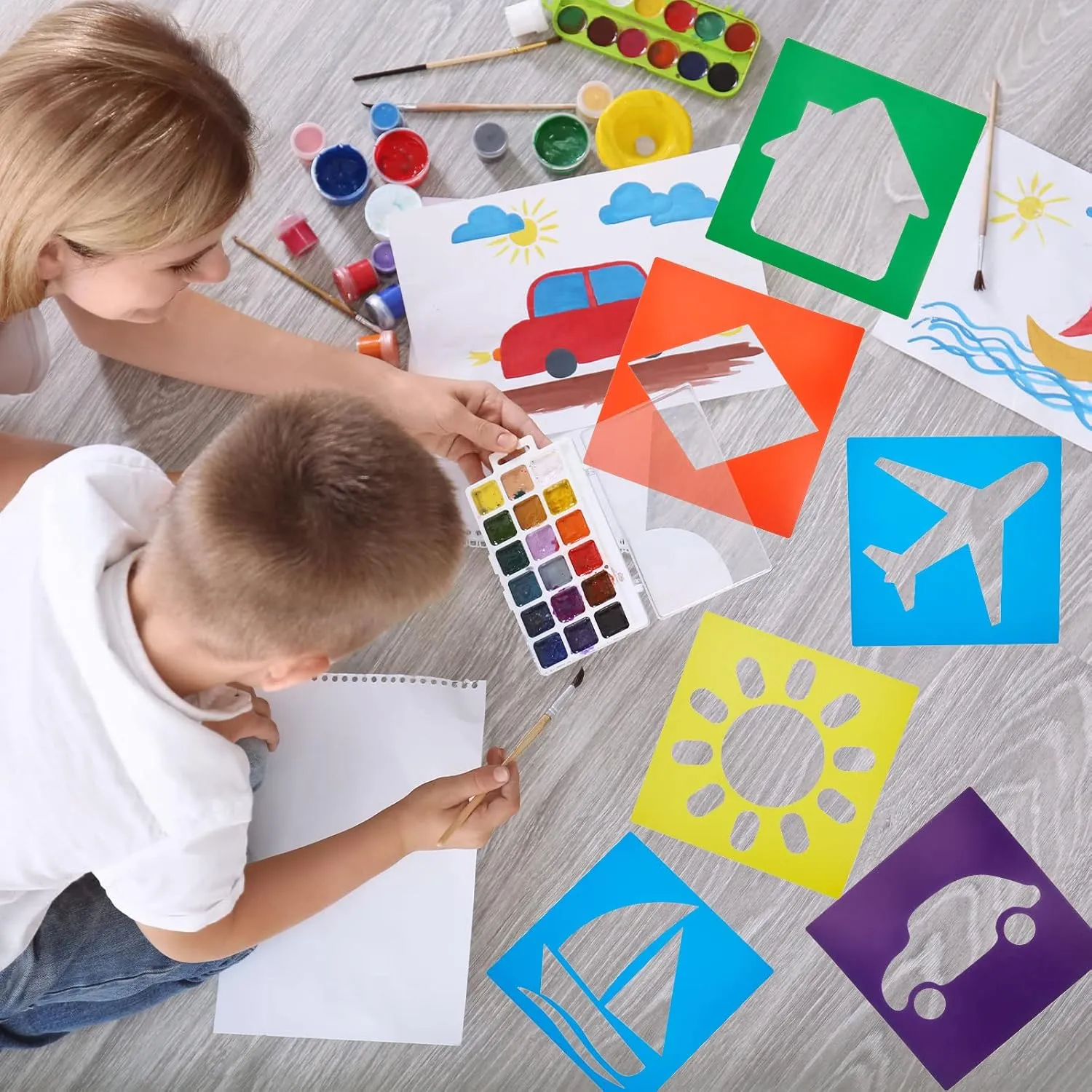 Epakh 24 Pieces Stencils for Kids 8 Inches Drawing Stencils Chalk Template Large Washable Geometric and Garden Themed Primary Shape Template for Kids Toddlers Preschooler(Primary Style)