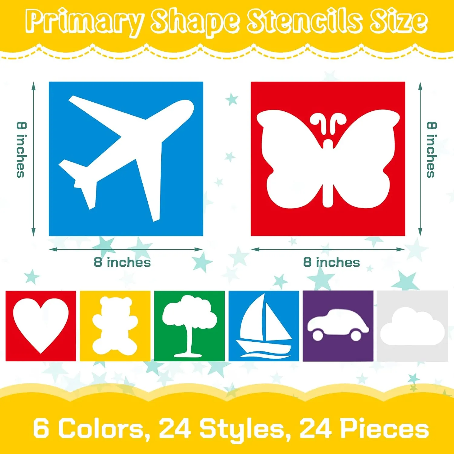 Epakh 24 Pieces Stencils for Kids 8 Inches Drawing Stencils Chalk Template Large Washable Geometric and Garden Themed Primary Shape Template for Kids Toddlers Preschooler(Primary Style)