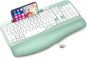 Ergonomic Wireless Keyboard with Cushioned Wrist Rest, Wave Keys, Phone Holder, Comfortable Natural Typing, 2.4GHz Full Size Silent Cordless USB Computer Keyboard for Laptop, Mac, Windows (Mint Green)