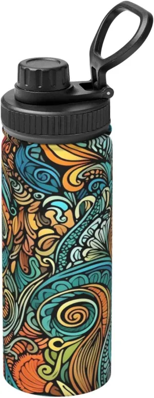 Ethnic Flower Art 18oz Vacuum Insulated Water Bottle with Spout Lid and Handle, Mandara Stainless Steel Thermal Water Jug, Leakproof Flask for Gym Hiking Travel Office