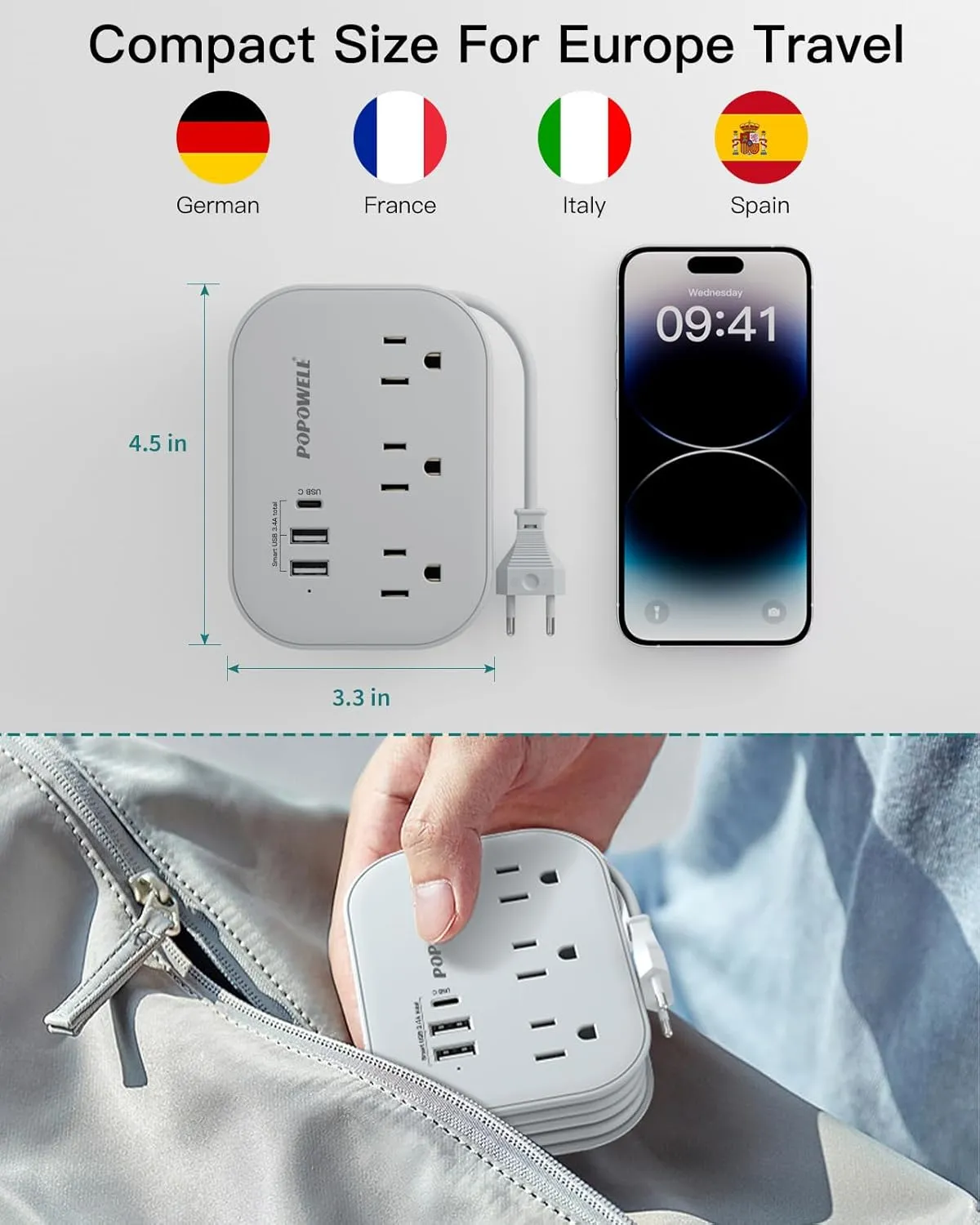 European Travel Plug Adapter USB C, Popowell International European Plug Adapter, 4 FT Travel Power Strip with 3 Outlets & 3 USB, Type C Power Adapter Travel Essential for Italy Spain France Germany.