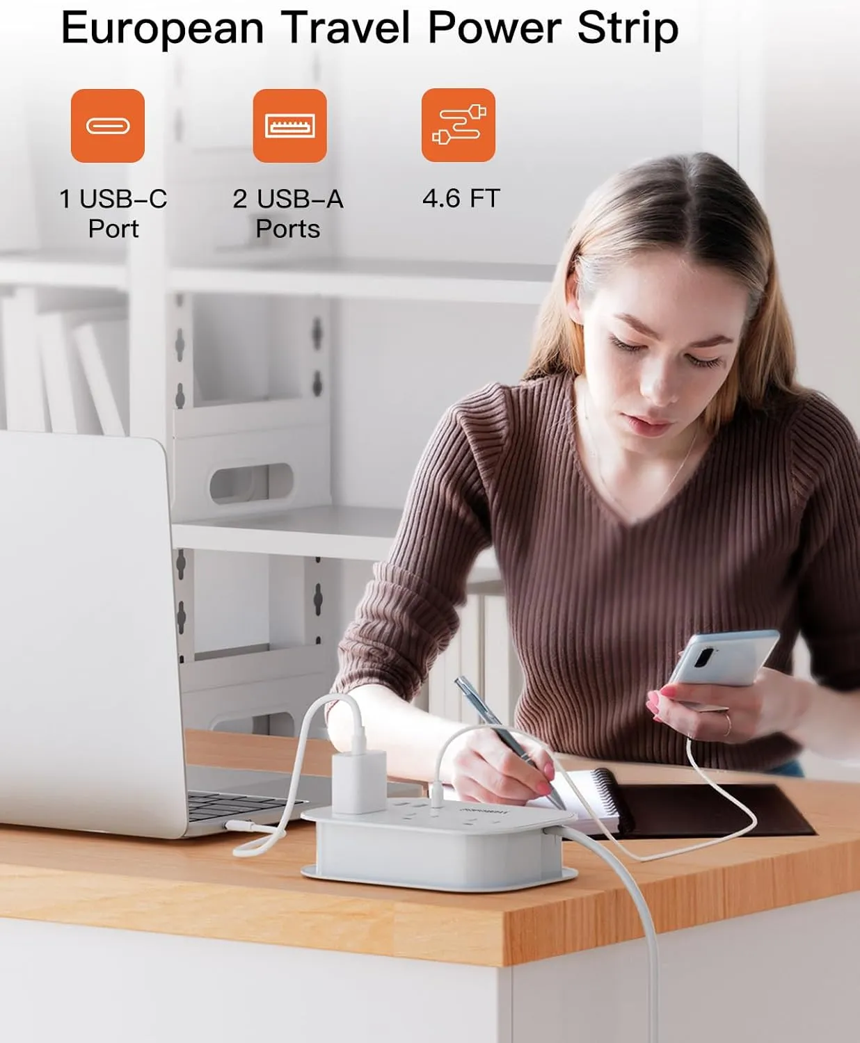European Travel Plug Adapter USB C, Popowell International European Plug Adapter, 4 FT Travel Power Strip with 3 Outlets & 3 USB, Type C Power Adapter Travel Essential for Italy Spain France Germany.