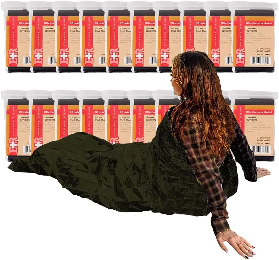 Ever Ready First Aid Mylar Rescue Blanket, Large Olive Thermal Sheet for Emergency and Survival, 54” x 84” – 20 Count