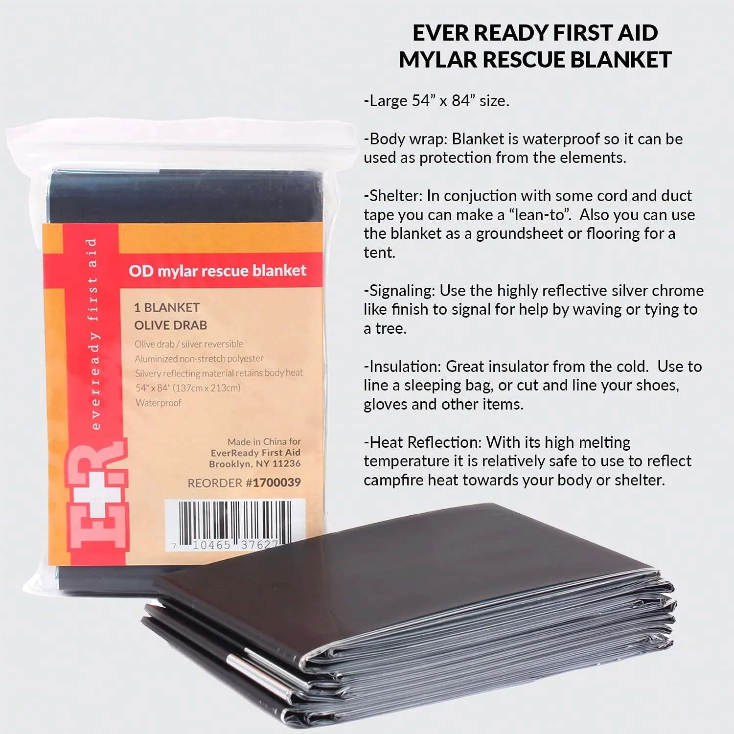 Ever Ready First Aid Mylar Rescue Blanket, Large Olive Thermal Sheet for Emergency and Survival, 54” x 84” – 20 Count