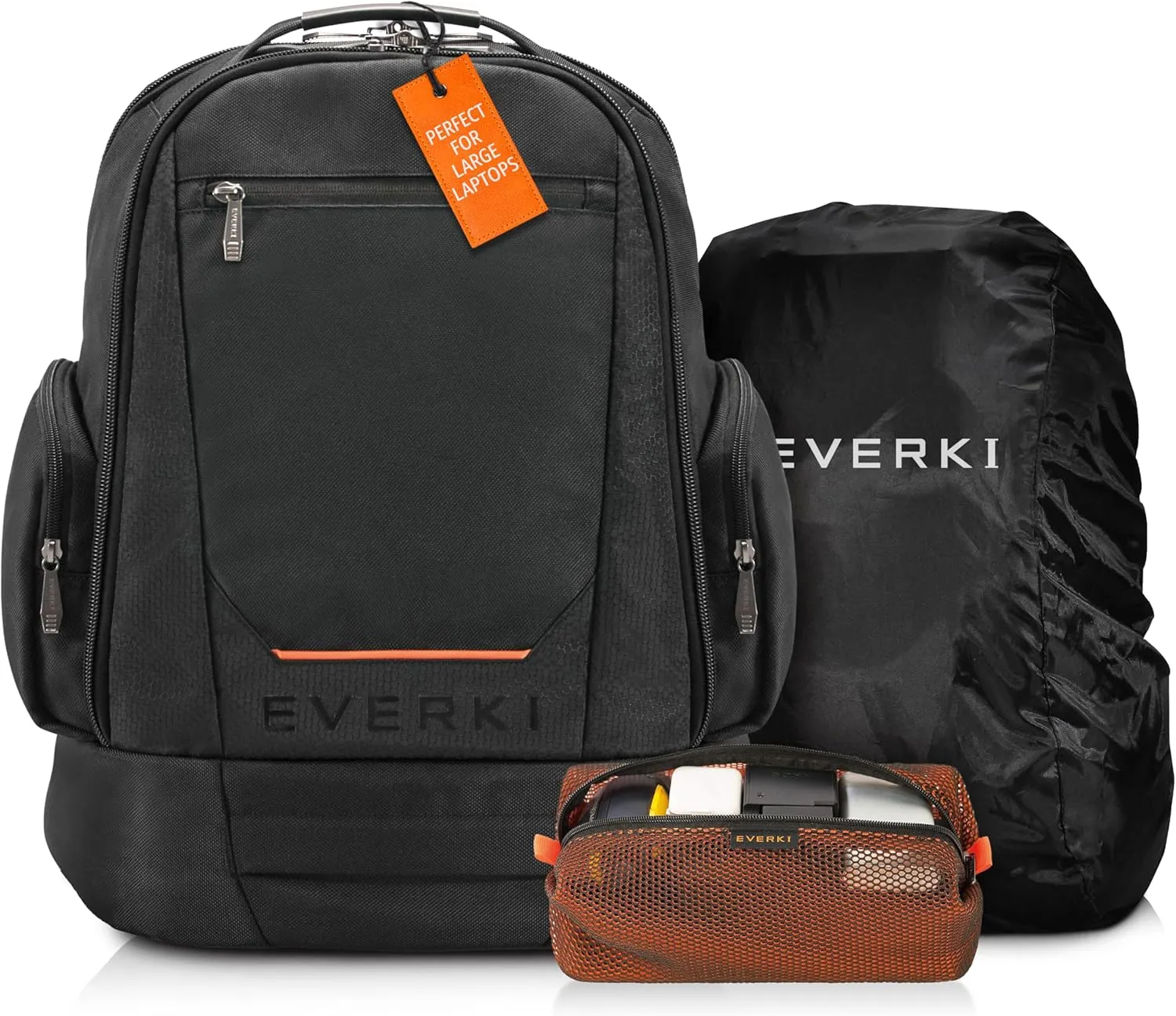 Everki ContemPRO Large Gaming Laptop Backpack (EKP117B) with Rain Cover & Orange Accessory Pouch - Spacious Backpack with 17"-18.4" Compartment, 42L Capacity - Gaming Backpack, Pouch & Cover Bundle