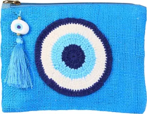 Evil Eye Jute Small Clutch/Pouch Bag Turquoise Beach Bag Zipper Gift Bag with Tassel