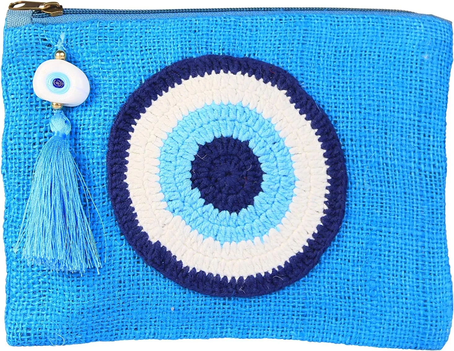 Evil Eye Jute Small Clutch/Pouch Bag Turquoise Beach Bag Zipper Gift Bag with Tassel