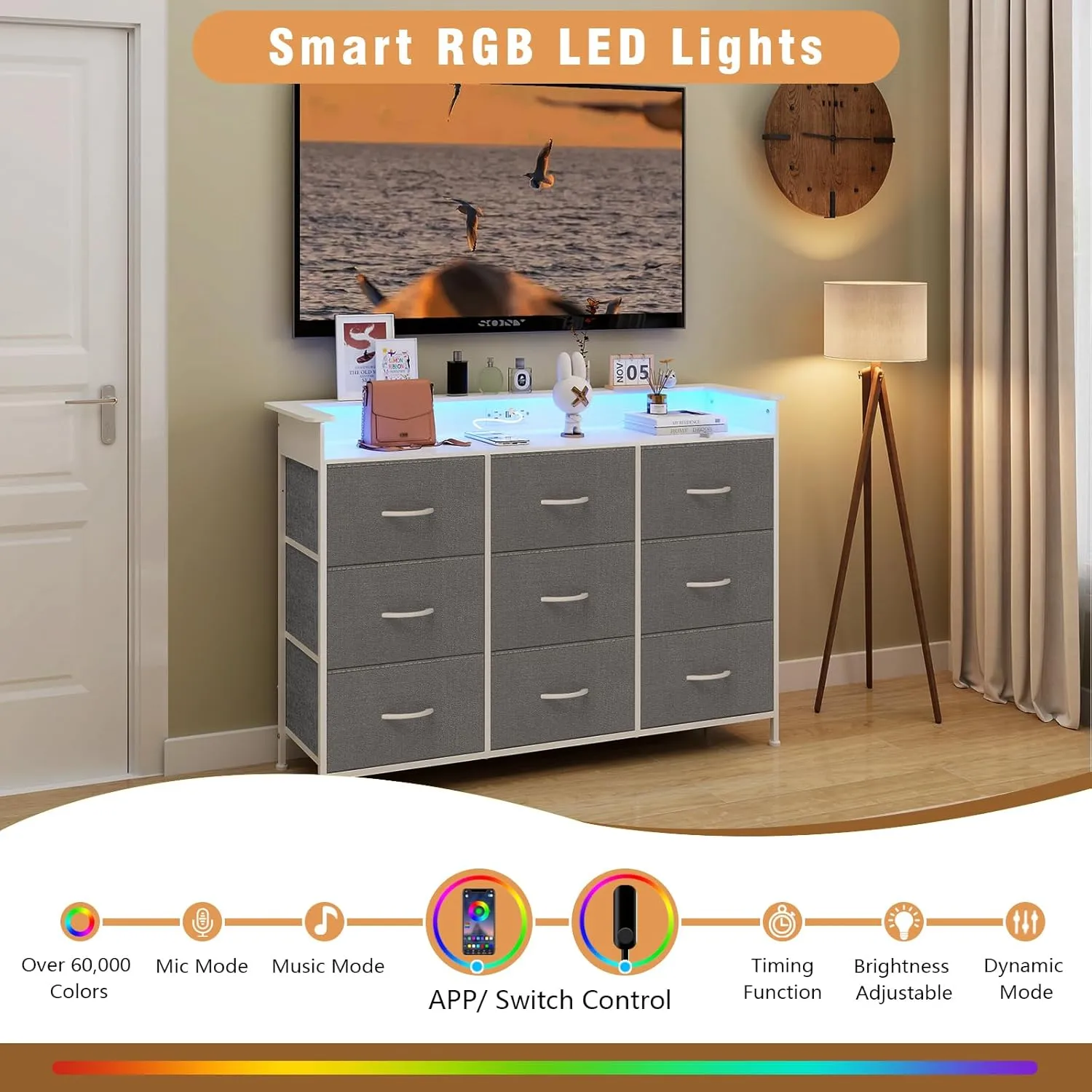 EXOTICA Gray Dresser with LED Light for Bedroom 9 Drawer Dresser with Charging Station Dressers & Chests of Drawers for Entryway Closet Kids Room Hallway Sturdy Steel Frame Wooden Top Easy Pull Handle
