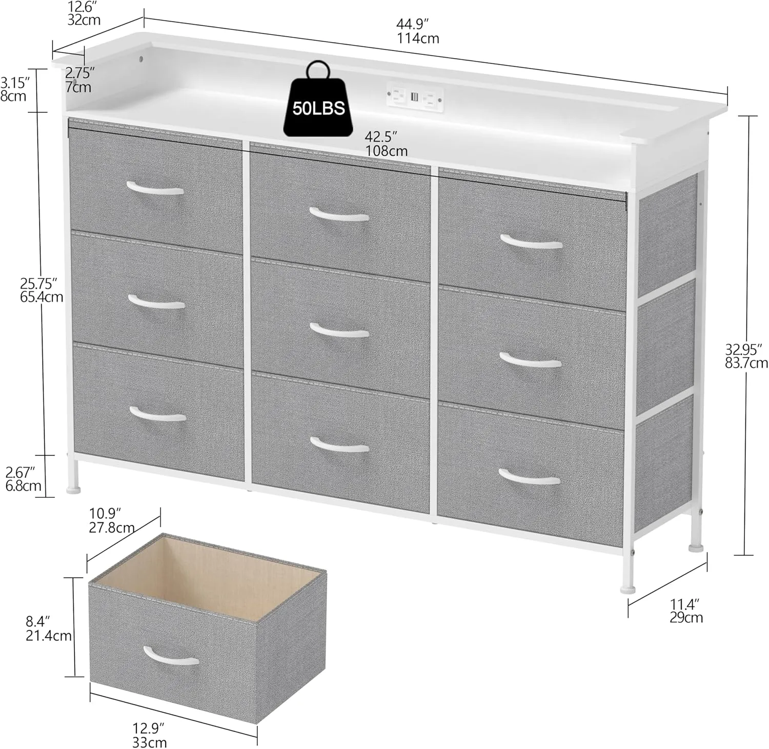 EXOTICA Gray Dresser with LED Light for Bedroom 9 Drawer Dresser with Charging Station Dressers & Chests of Drawers for Entryway Closet Kids Room Hallway Sturdy Steel Frame Wooden Top Easy Pull Handle