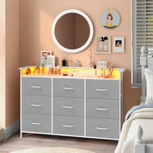 EXOTICA Gray Dresser with LED Light for Bedroom 9 Drawer Dresser with Charging Station Dressers & Chests of Drawers for Entryway Closet Kids Room Hallway Sturdy Steel Frame Wooden Top Easy Pull Handle
