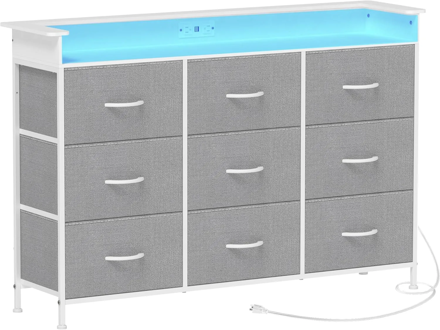 EXOTICA Gray Dresser with LED Light for Bedroom 9 Drawer Dresser with Charging Station Dressers & Chests of Drawers for Entryway Closet Kids Room Hallway Sturdy Steel Frame Wooden Top Easy Pull Handle