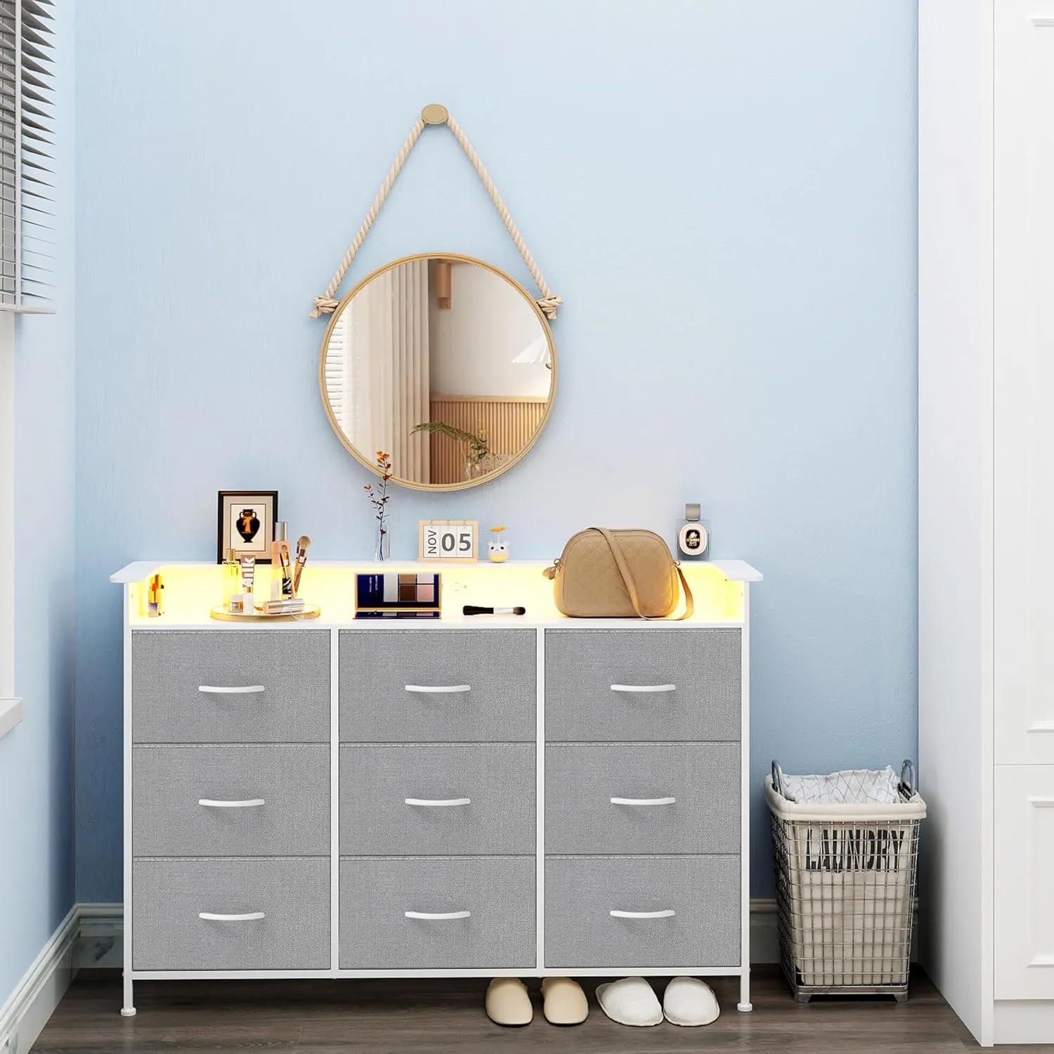 EXOTICA Gray Dresser with LED Light for Bedroom 9 Drawer Dresser with Charging Station Dressers & Chests of Drawers for Entryway Closet Kids Room Hallway Sturdy Steel Frame Wooden Top Easy Pull Handle