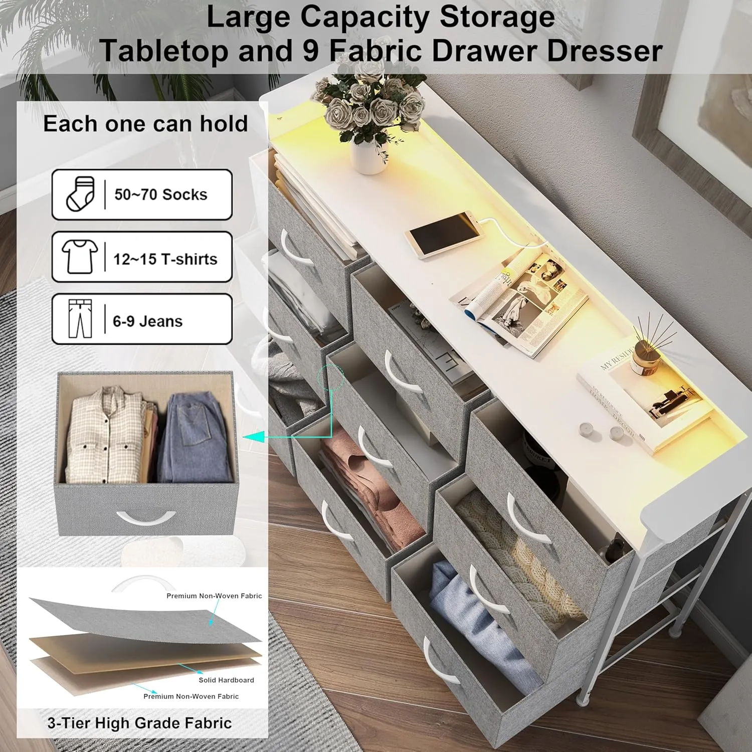 EXOTICA Gray Dresser with LED Light for Bedroom 9 Drawer Dresser with Charging Station Dressers & Chests of Drawers for Entryway Closet Kids Room Hallway Sturdy Steel Frame Wooden Top Easy Pull Handle
