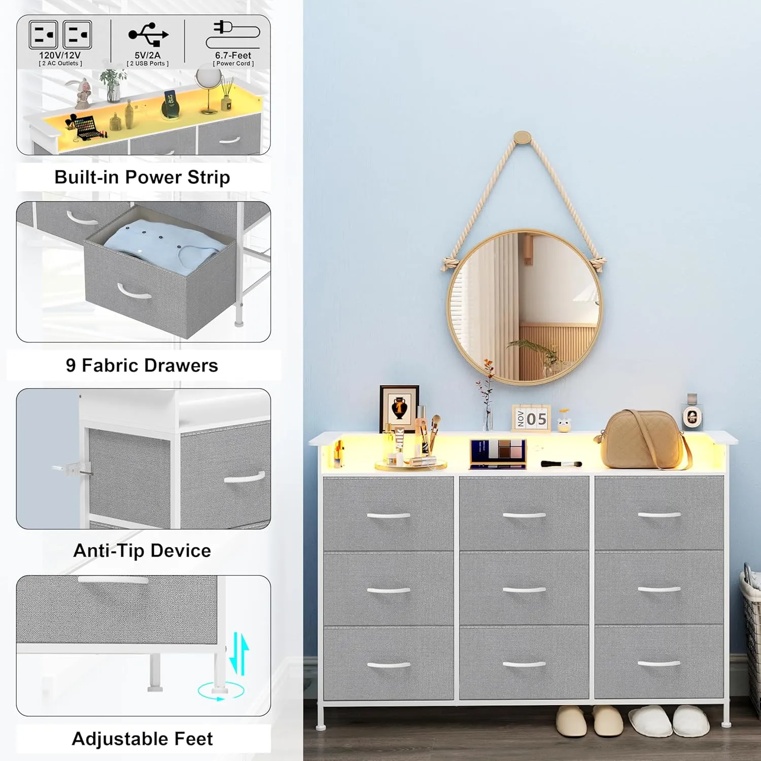 EXOTICA Gray Dresser with LED Light for Bedroom 9 Drawer Dresser with Charging Station Dressers & Chests of Drawers for Entryway Closet Kids Room Hallway Sturdy Steel Frame Wooden Top Easy Pull Handle