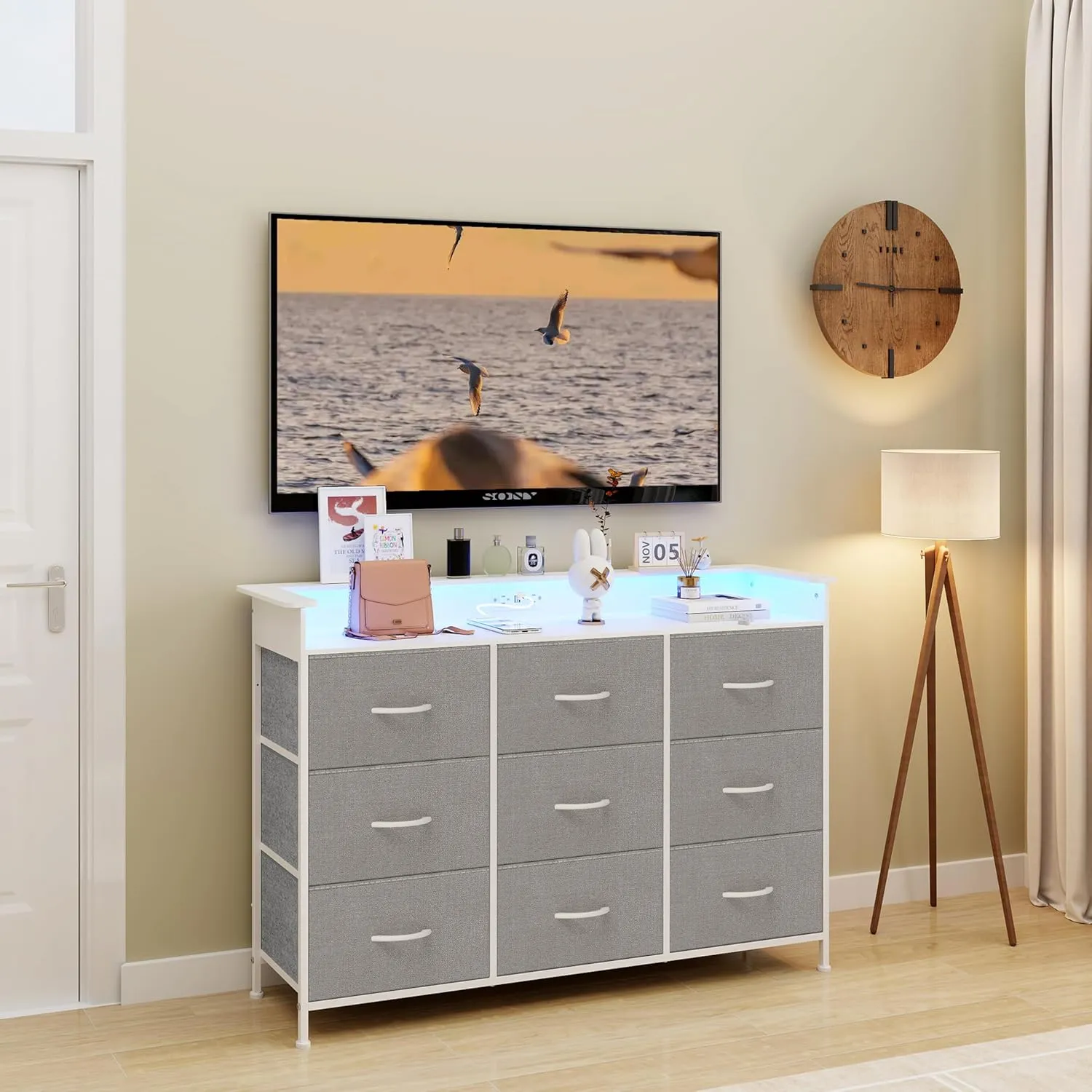 EXOTICA Gray Dresser with LED Light for Bedroom 9 Drawer Dresser with Charging Station Dressers & Chests of Drawers for Entryway Closet Kids Room Hallway Sturdy Steel Frame Wooden Top Easy Pull Handle