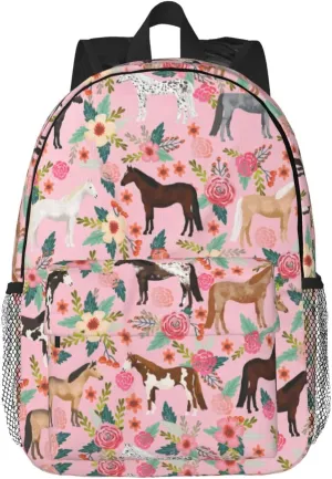 exroozy Pink Horse Backpack for Boys Girls Flowers School Bags Cute Animals Shoulder Bags Travel Backpack Horse Print Bookbag 15 inch Gift for Kids Toddler