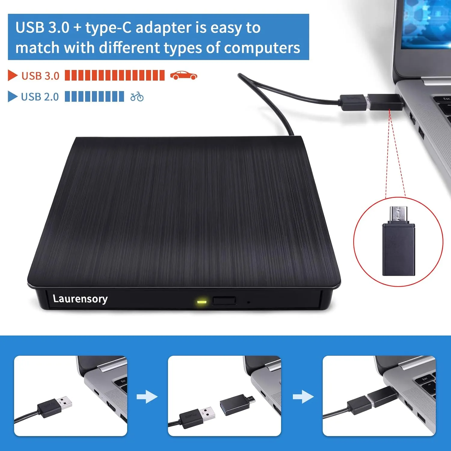 External DVD Drive USB 3.0 Type-C USB Portable Player for Laptop CD DVD  /-RW Disk Drive CD ROM Burner Writer CD/DVD Burner Reader Compatible with Desktop Windows Linux OS Apple MacBook