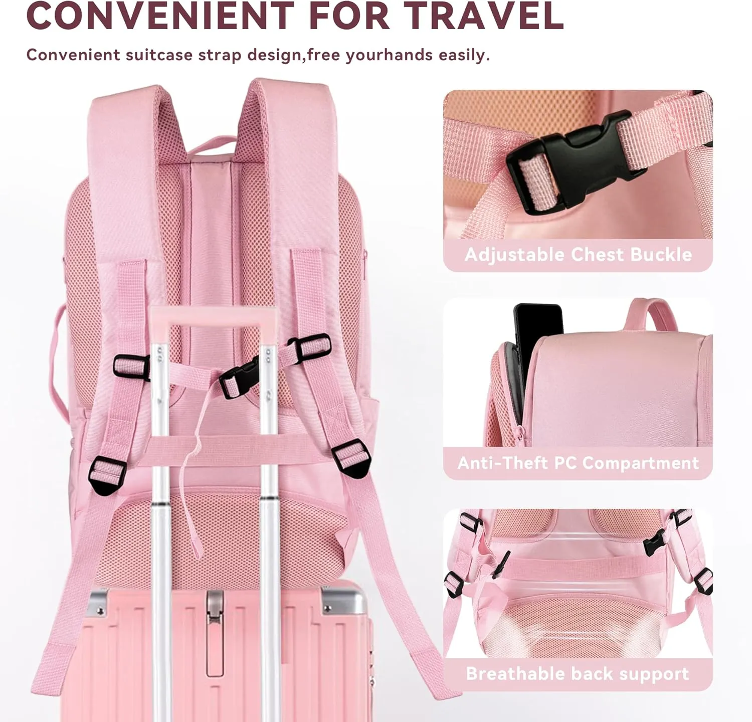 Extra Large 50L Travel Laptop Backpack with USB Charging Port, College Backpack Airline Approved Business Work Bag Fits 17 Inch Computer for Men Women Pink